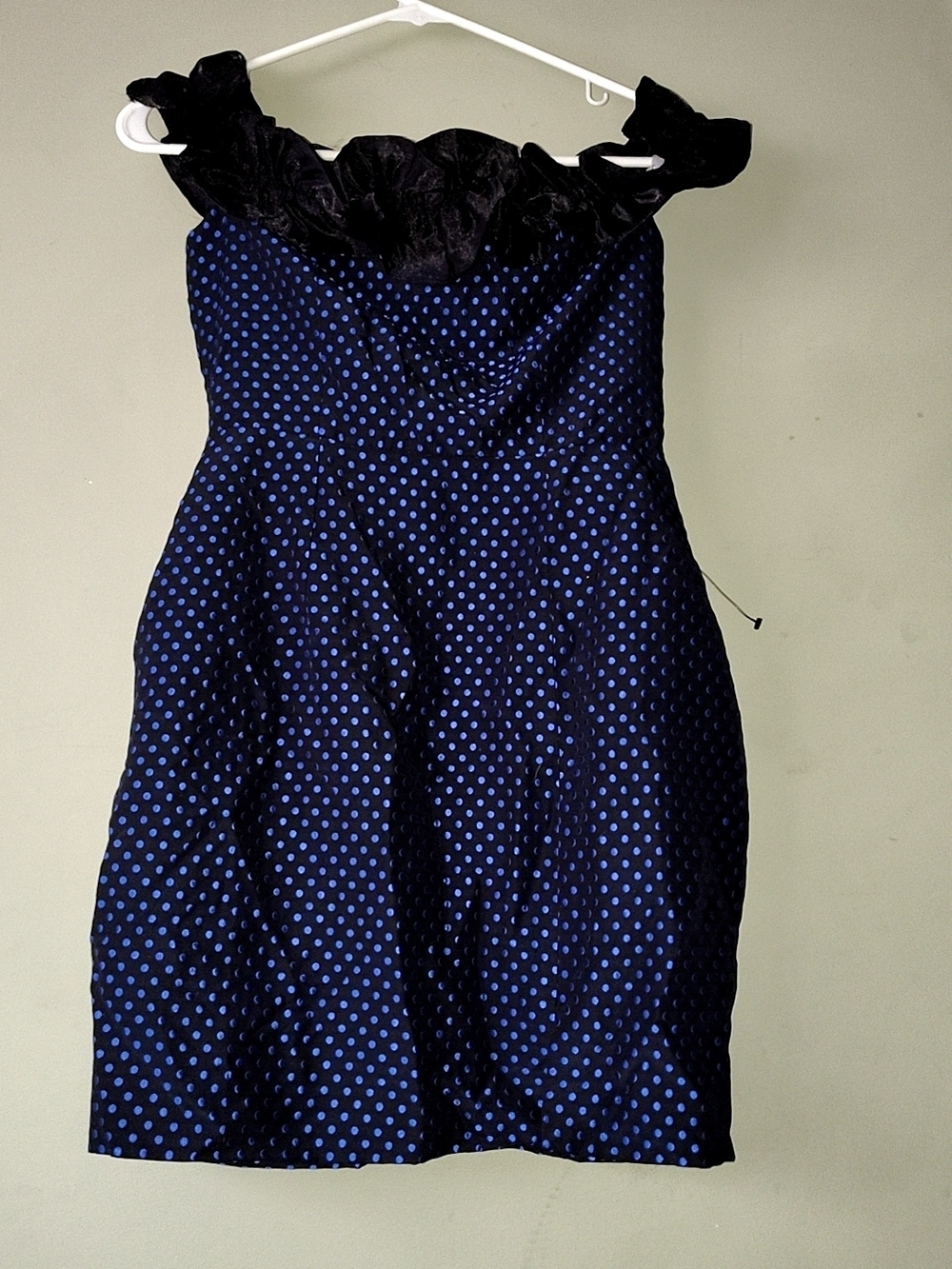 Off The Shoulder Lulu's Navy Blue Polka Dot Dress with Black Ruffle Trim
